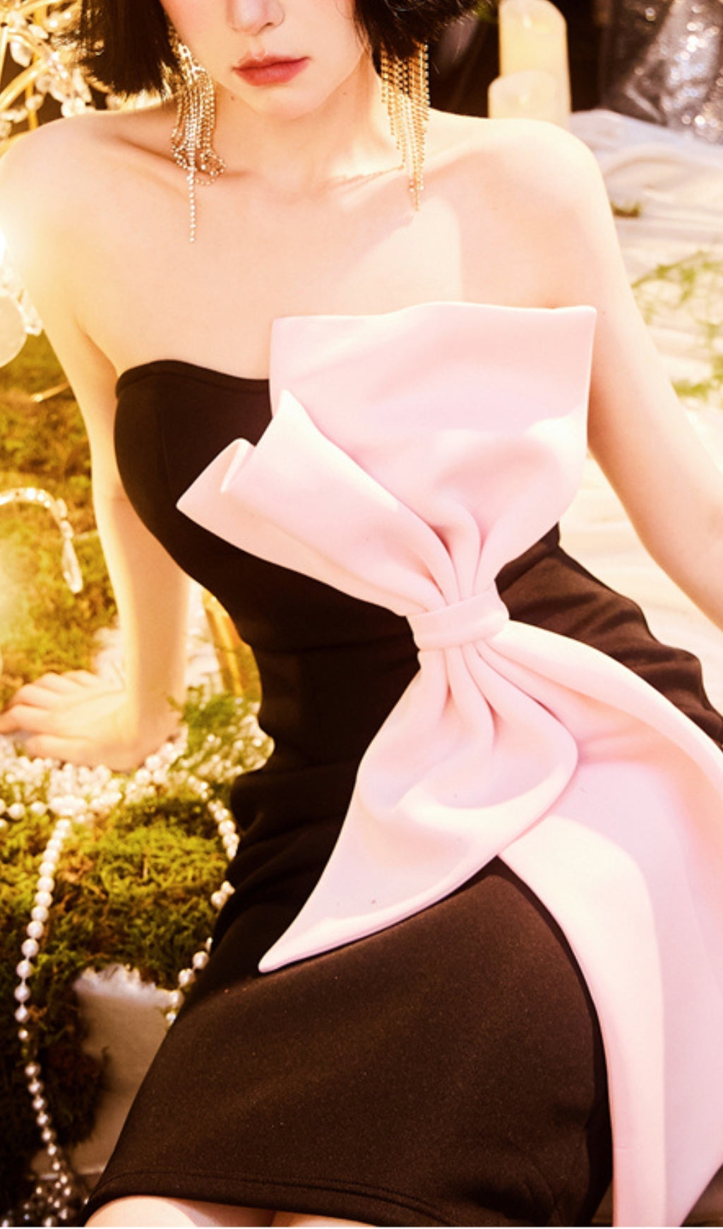 3D BIG BOW STRAPLESS MIDI BLACK DRESS