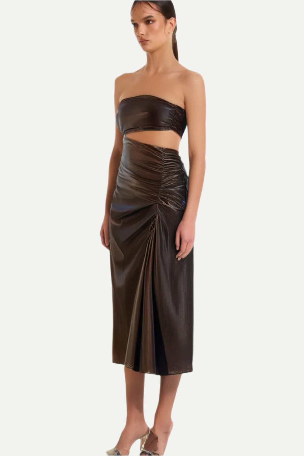 STRAPLESS LEATHER MIDI DRESS WITH CUTOUT FOR PARTY