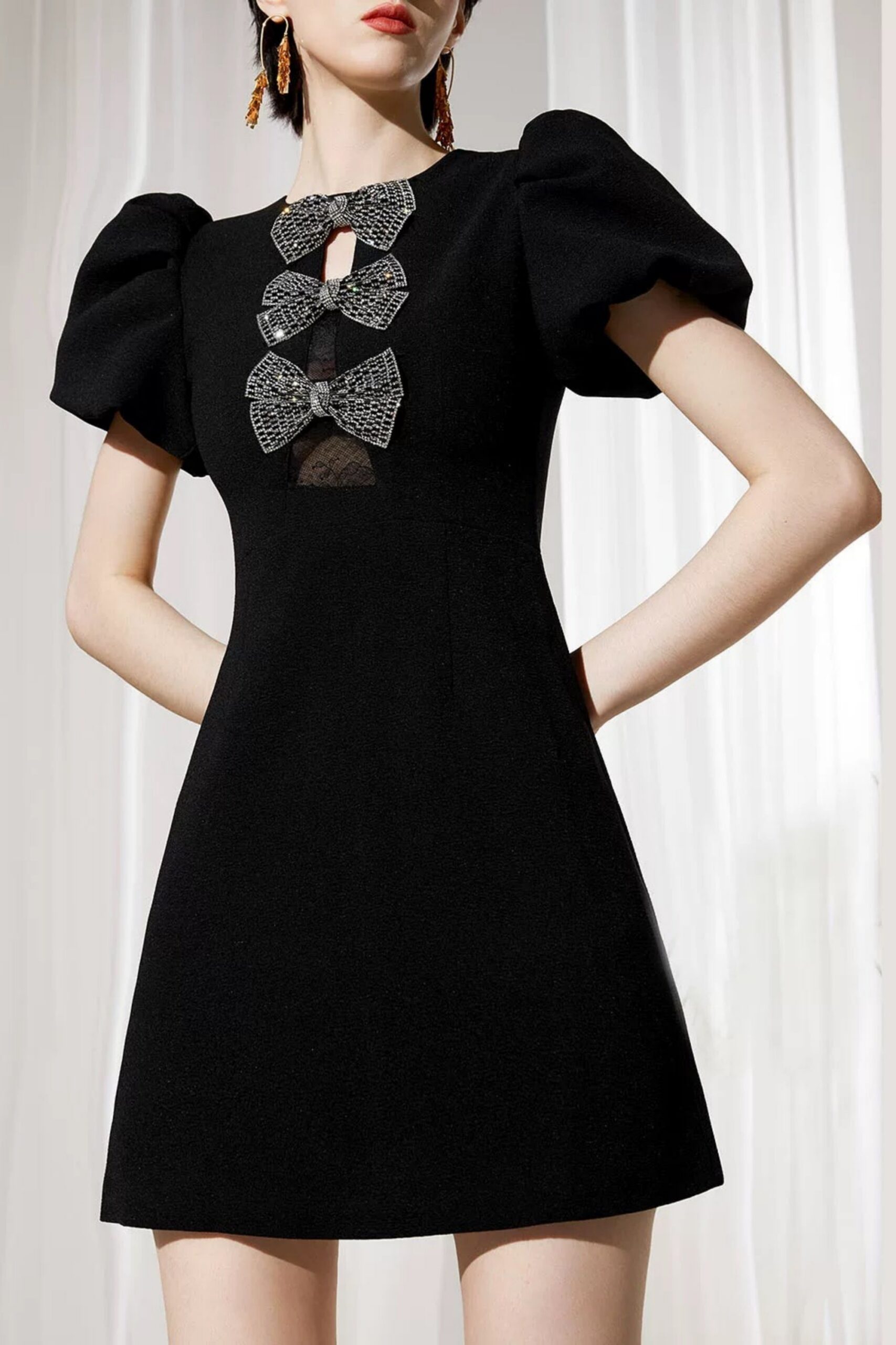 VANESSA BOW PUFF SLEEVE MINI BLACK COCKTAIL DRESS
