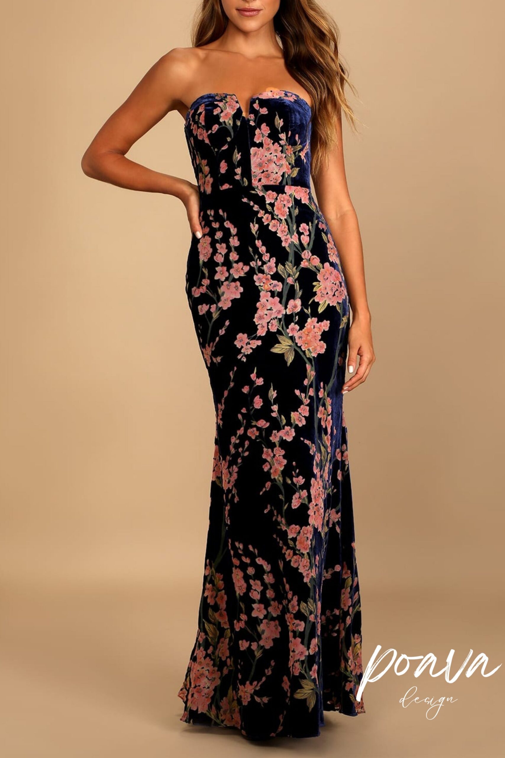 NAVY FLORAL VELVET STRAPLESS MAXI DRESS, FORMAL