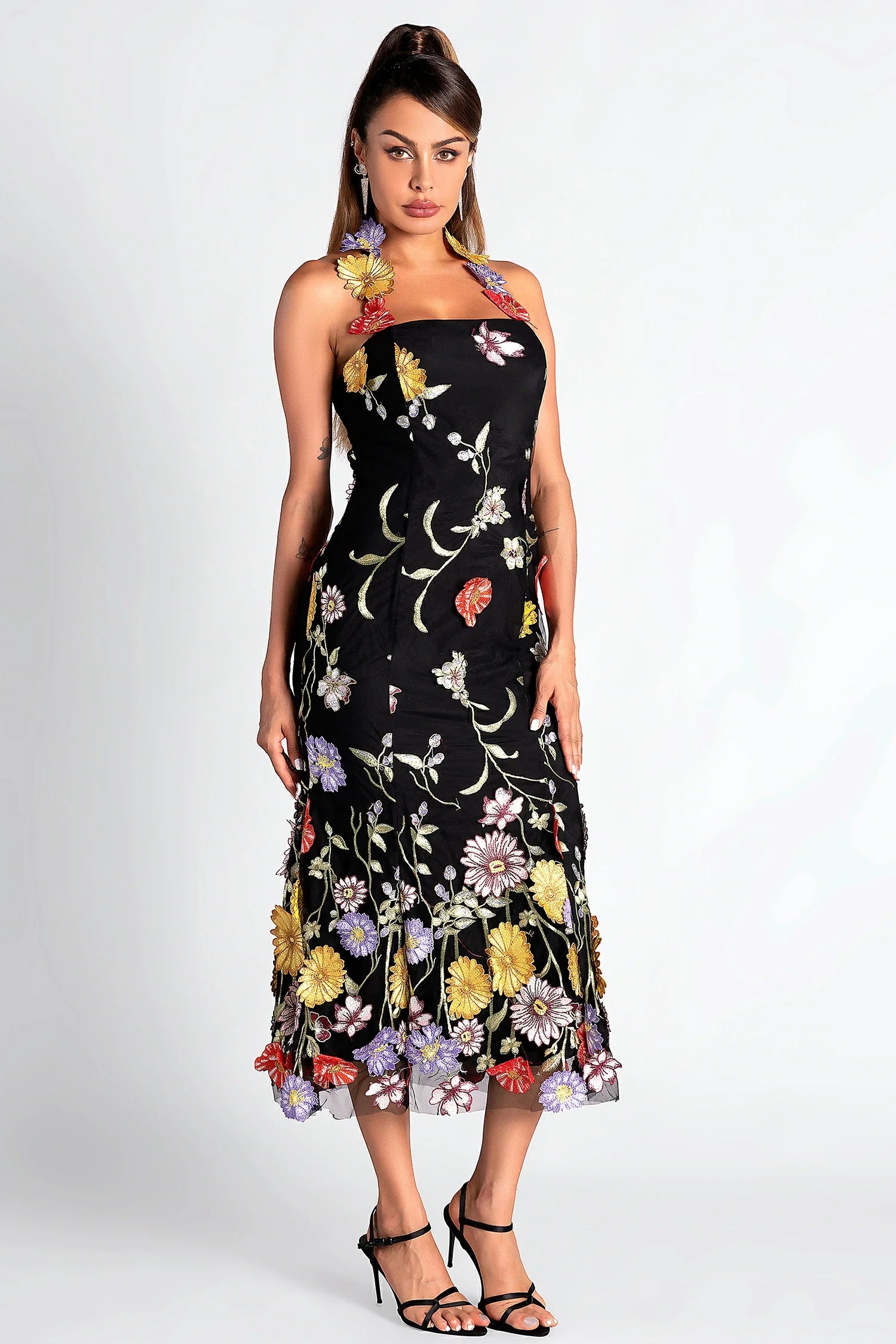 HALTER FLORAL EMBROIDER MIDI DRESS, BLACK, WEDDING GUEST
