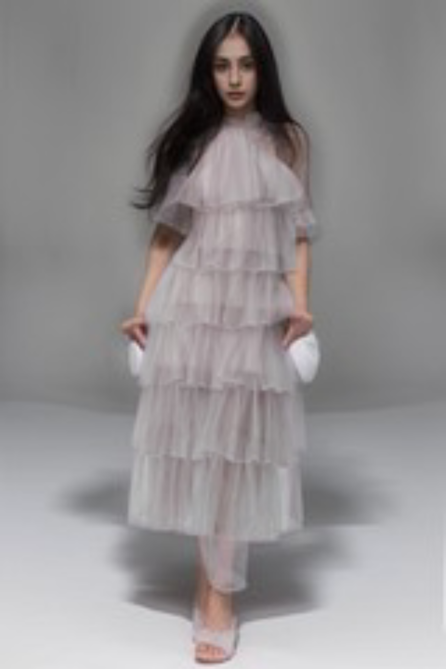 LAYERED RUFFLE HALTER SPARKLE SHEER DRESS FOR PARTY
