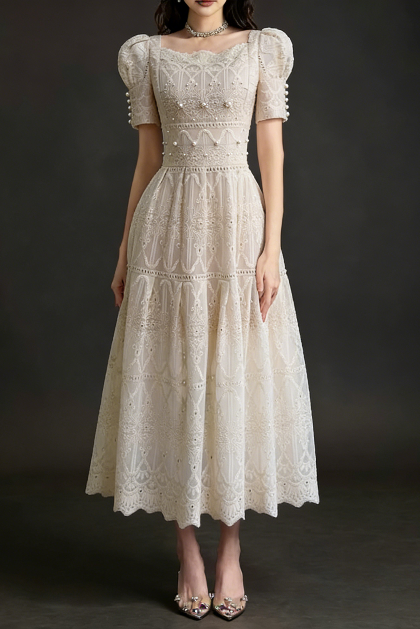 A-LINE LACE MIDI DRESS, LEG OF MUTTON SLEEVES, WEDDING GUEST