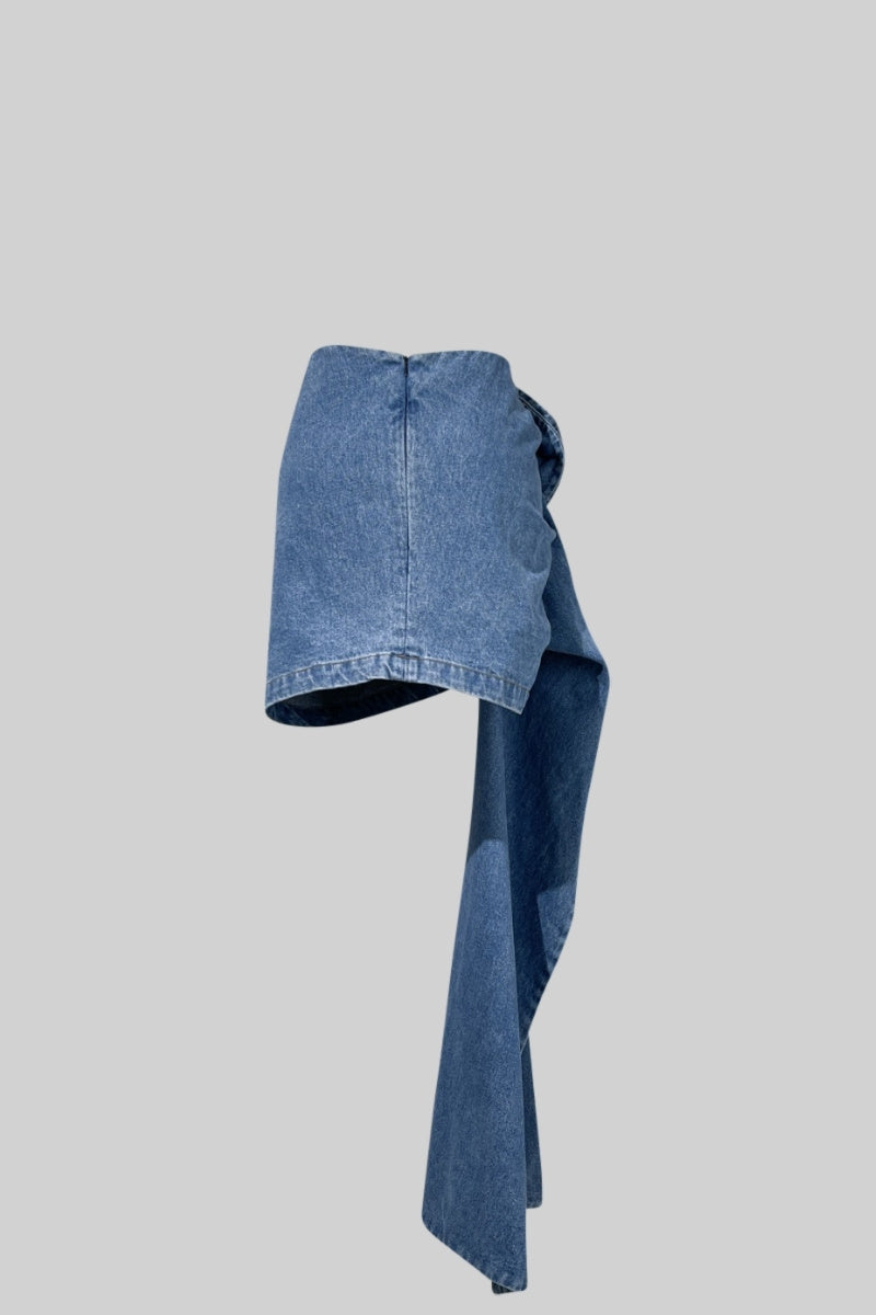 ASYMMETRIC FLORAL DENIM SKIRT BLUE