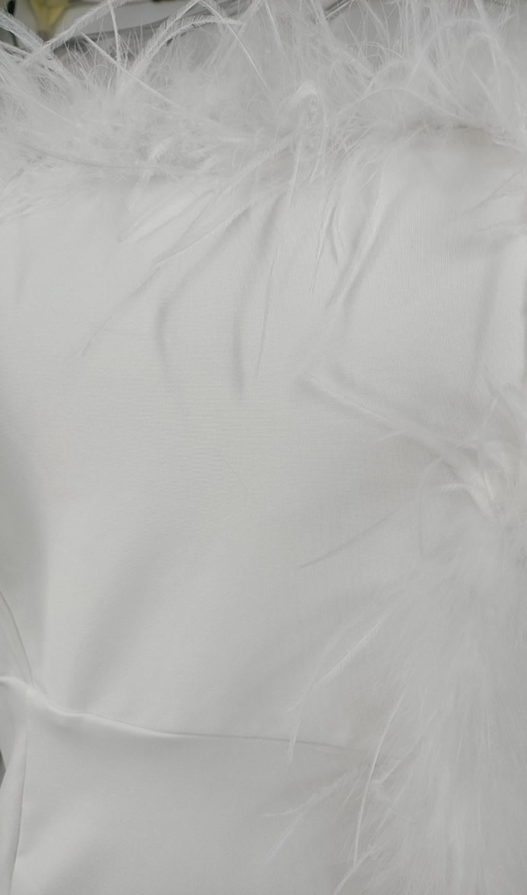 FEATHER STRAPLESS WHITE MAXI DRESS, WEDDING GUEST