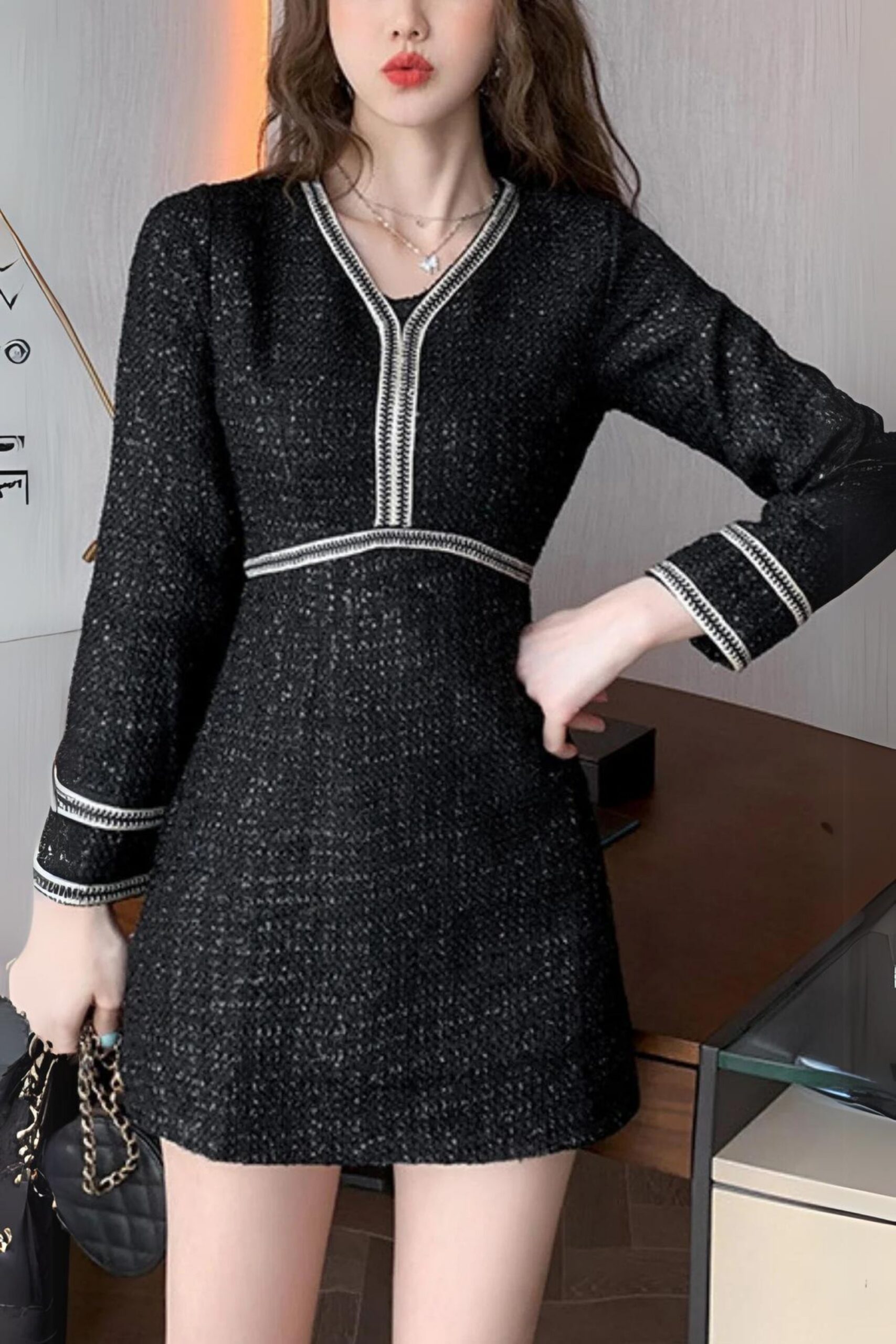 V-NECK LONG SLEEVE MINI DRESS FOR PARTY