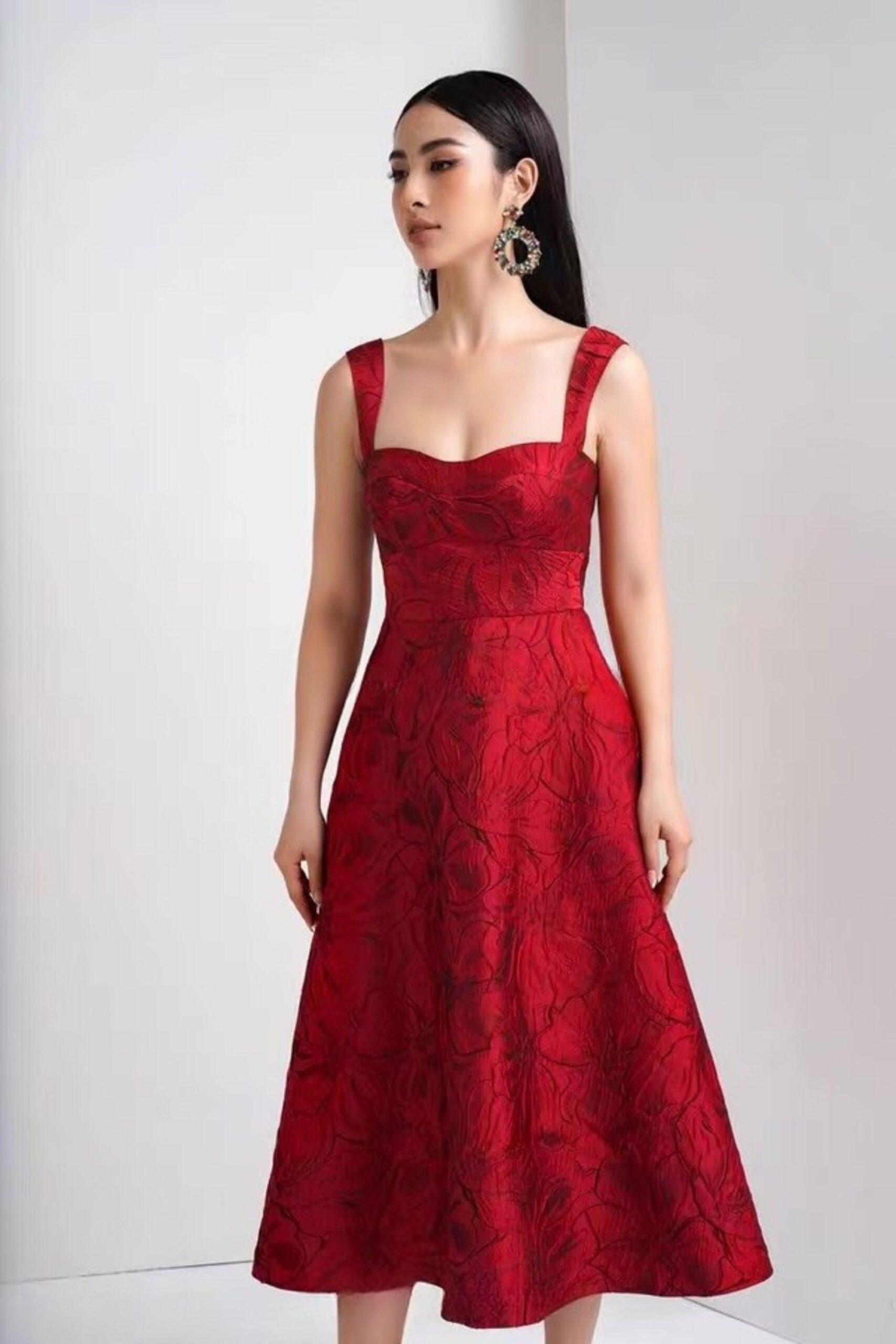 BURGUNDY JACQUARD CAMI MIDI DRESS FOR EVENTS