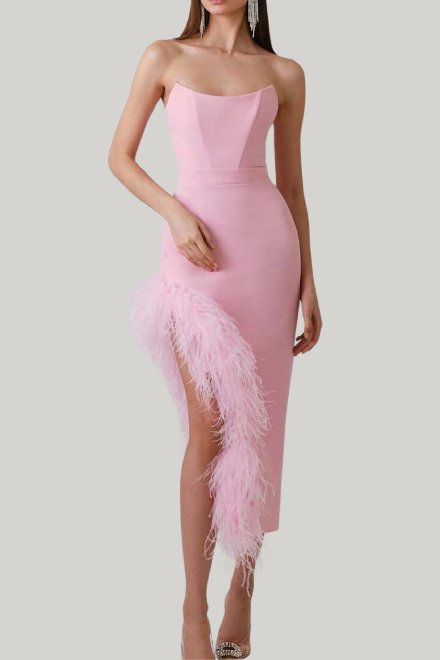 FEATHER TRIM SPLIT MIDI DRESS, BUBBLEGUM