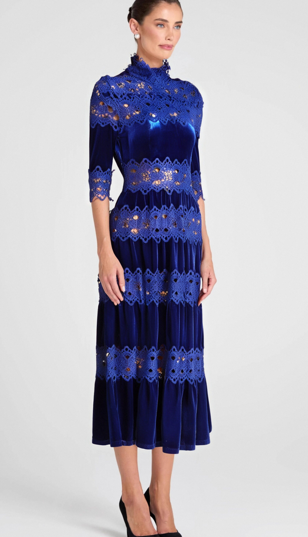 HOLLOW PATCHWORK VELVET MIDI DRESS, BLUE