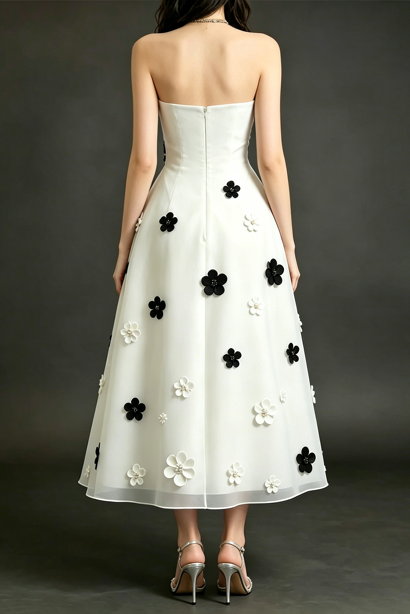 DRAPED STRAPLESS 3D FLORAL MIDI DRESS FOR EVENTS