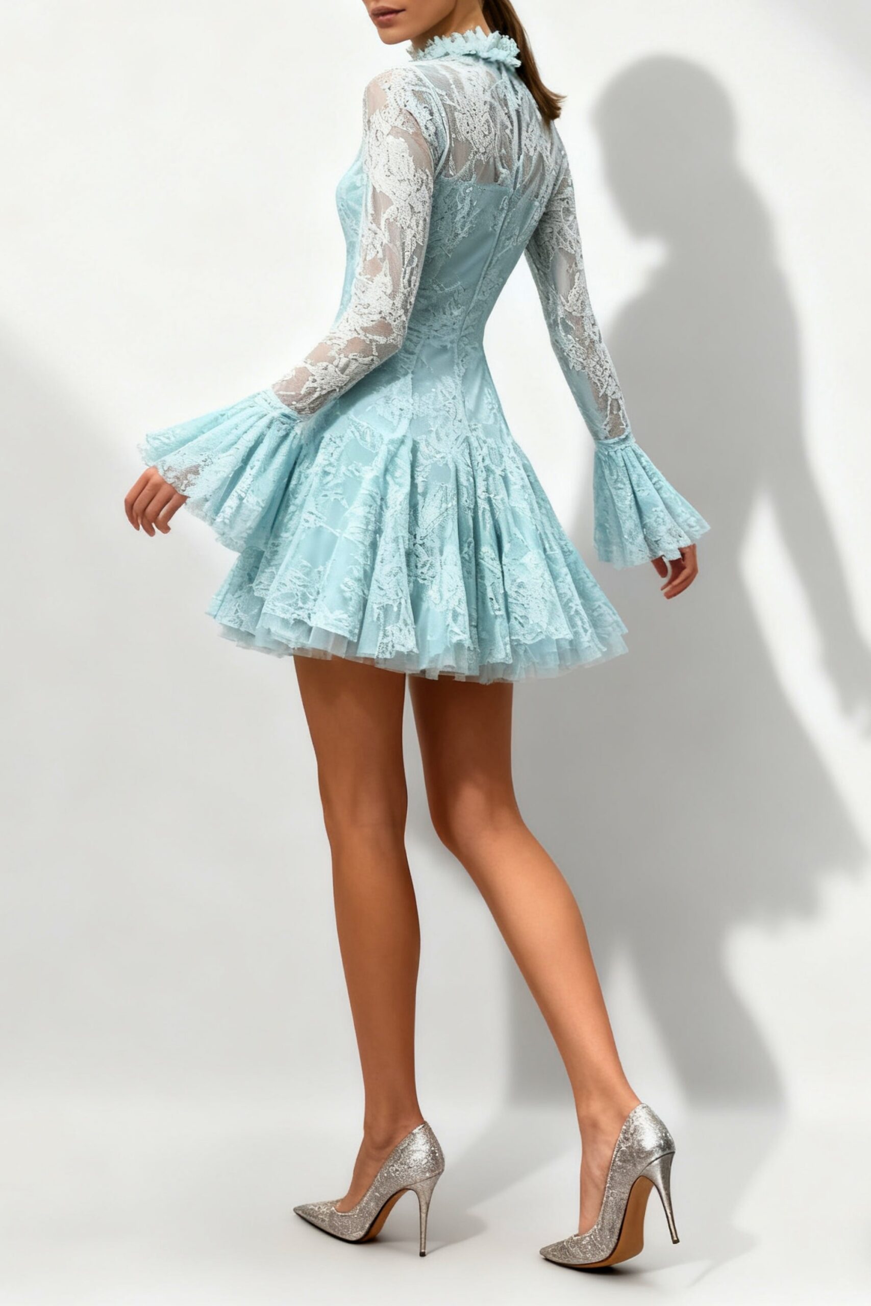 BLUE EMBROIDERED FLARED MINI DRESS FOR PARTY