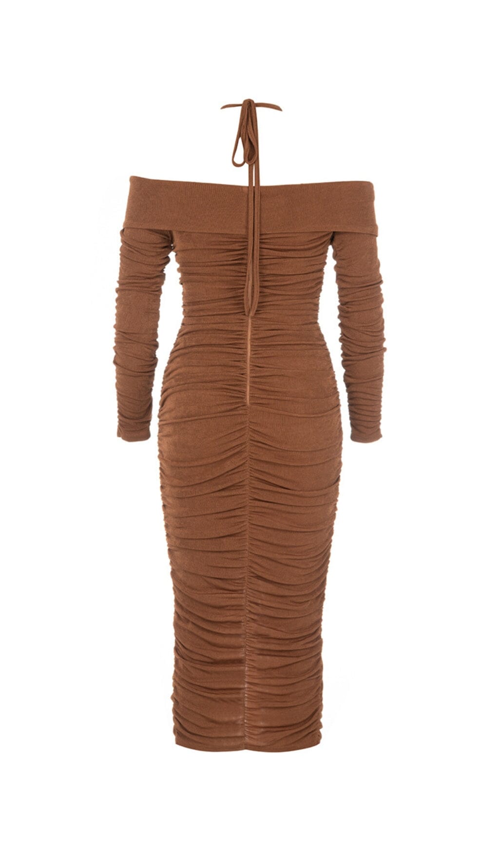 BROWN OFF-SHOULDER PLEATED MIDI DRESS