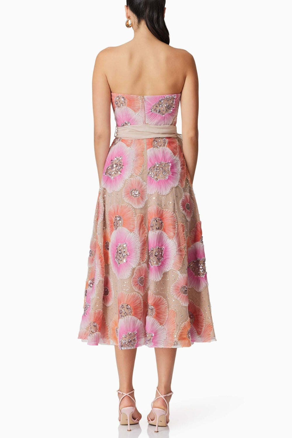 STRAPLESS FLOWER SEQUIN MIDI DRESS FOR PARTY