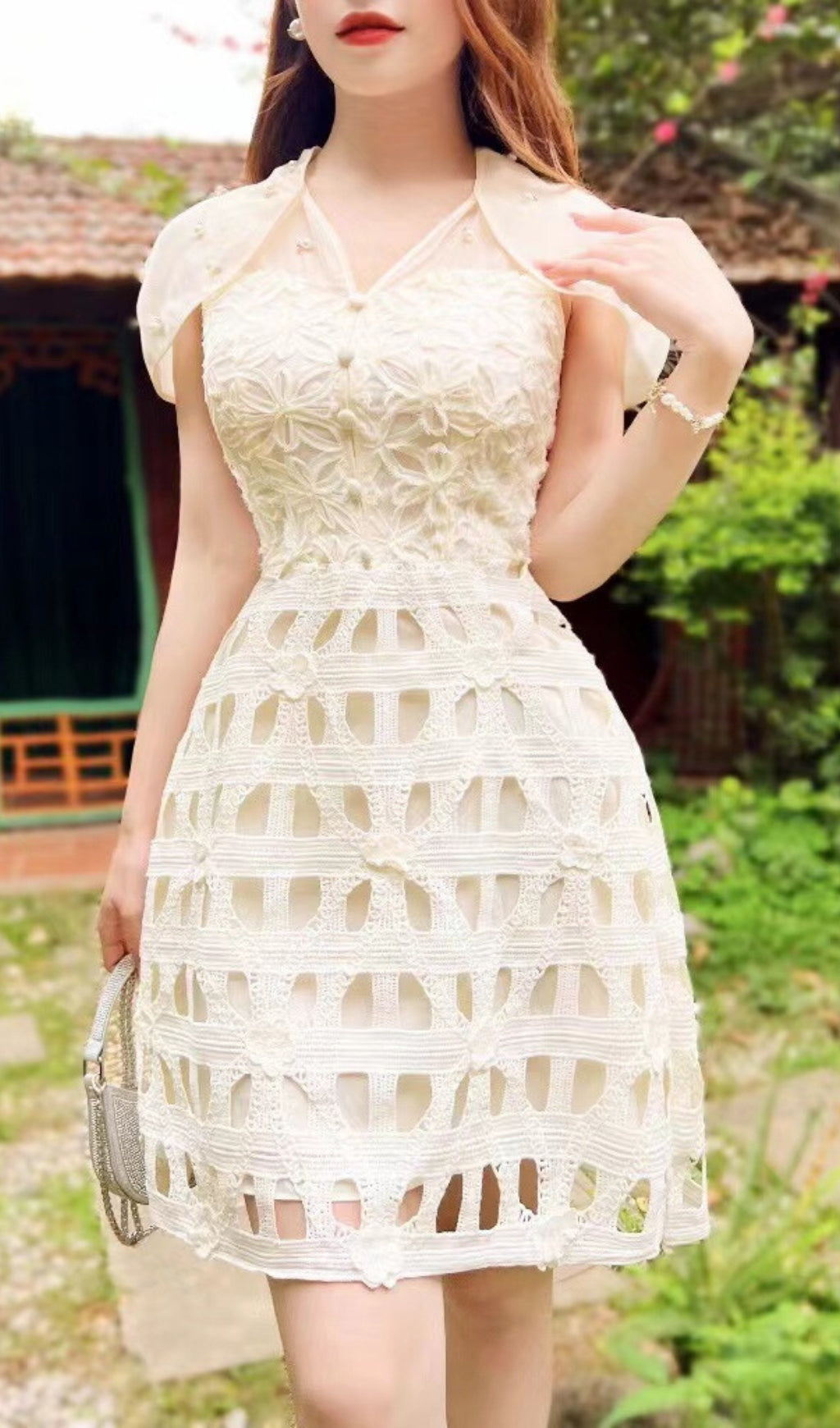 WHITE LACE SHAWL MINI DRESS FOR WEDDING