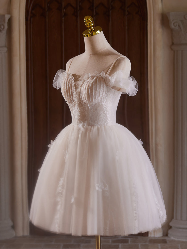 OFF SHOULDER TULLE LACE CHAMPAGNE PARTY DRESS