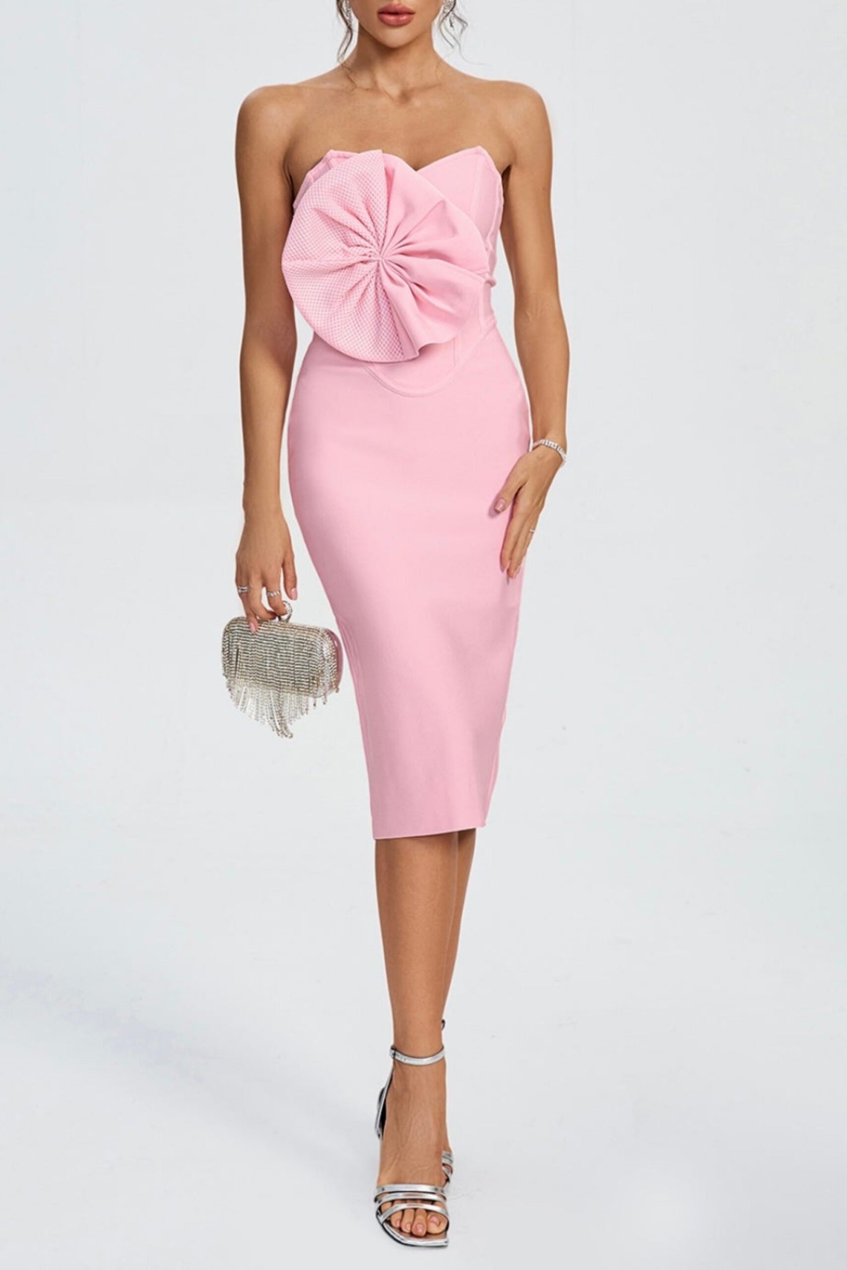 ANNABELLE BOWKNOT BANDAGE BUSTIER MIDI DRESS PINK