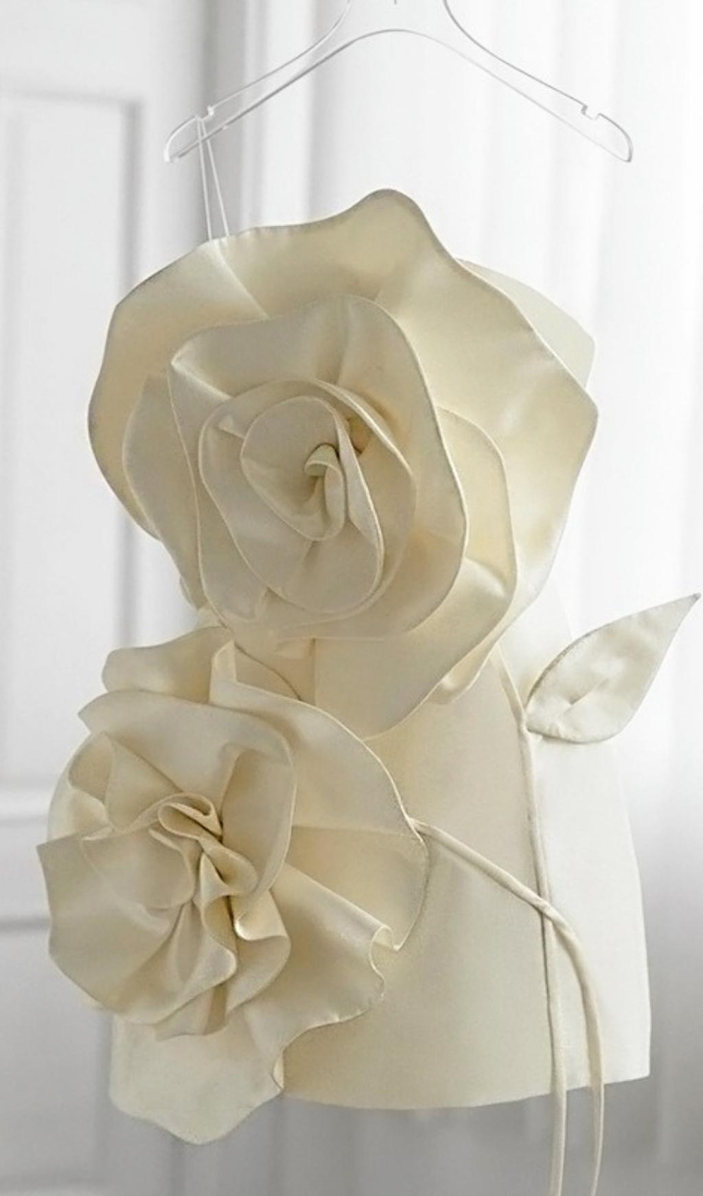 BEIGE STRAPLESS BIND MINI DRESS, FLORAL PARTY