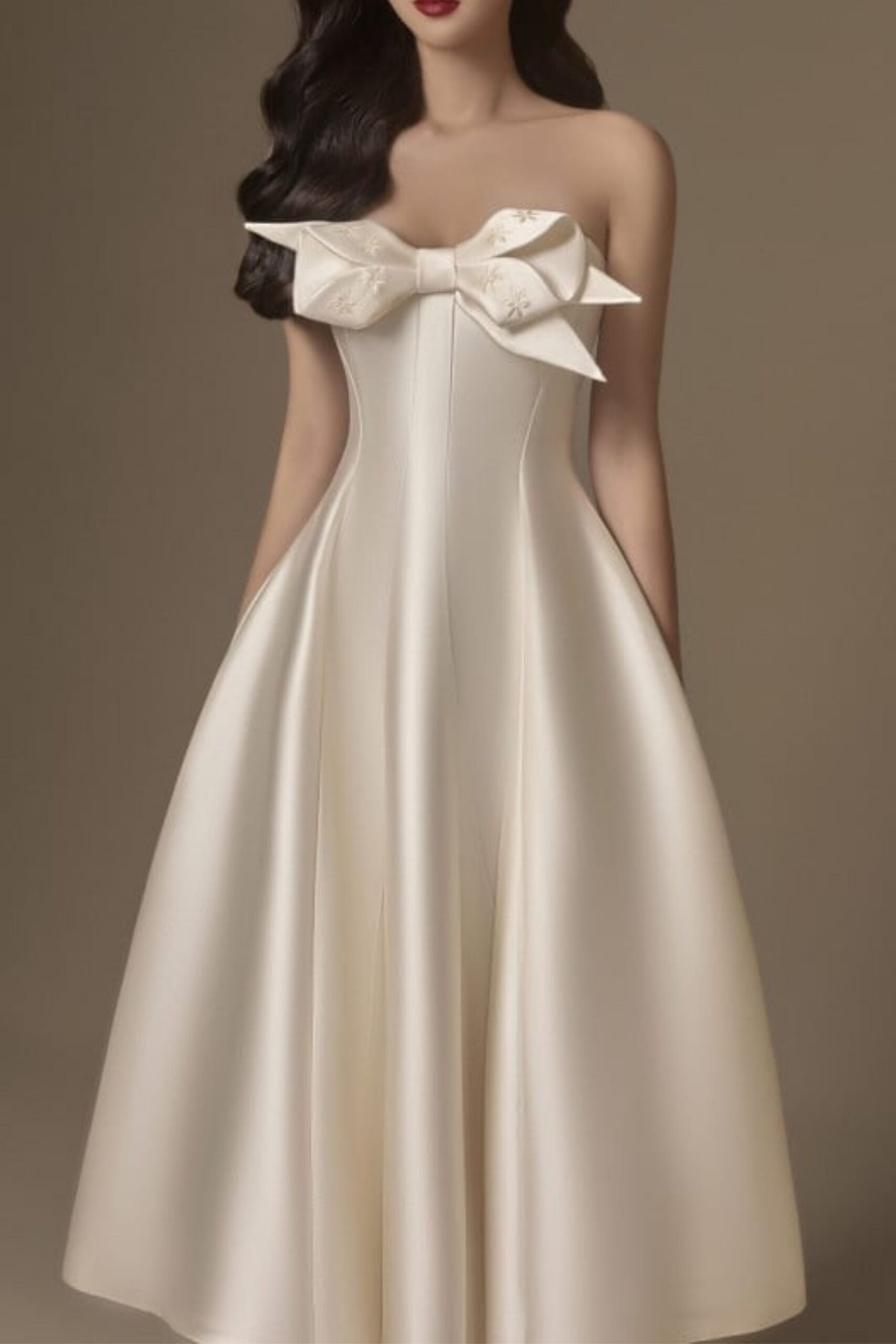 BEIGE FLARED SEMI-HEART NECK TAFFETA MIDI DRESS