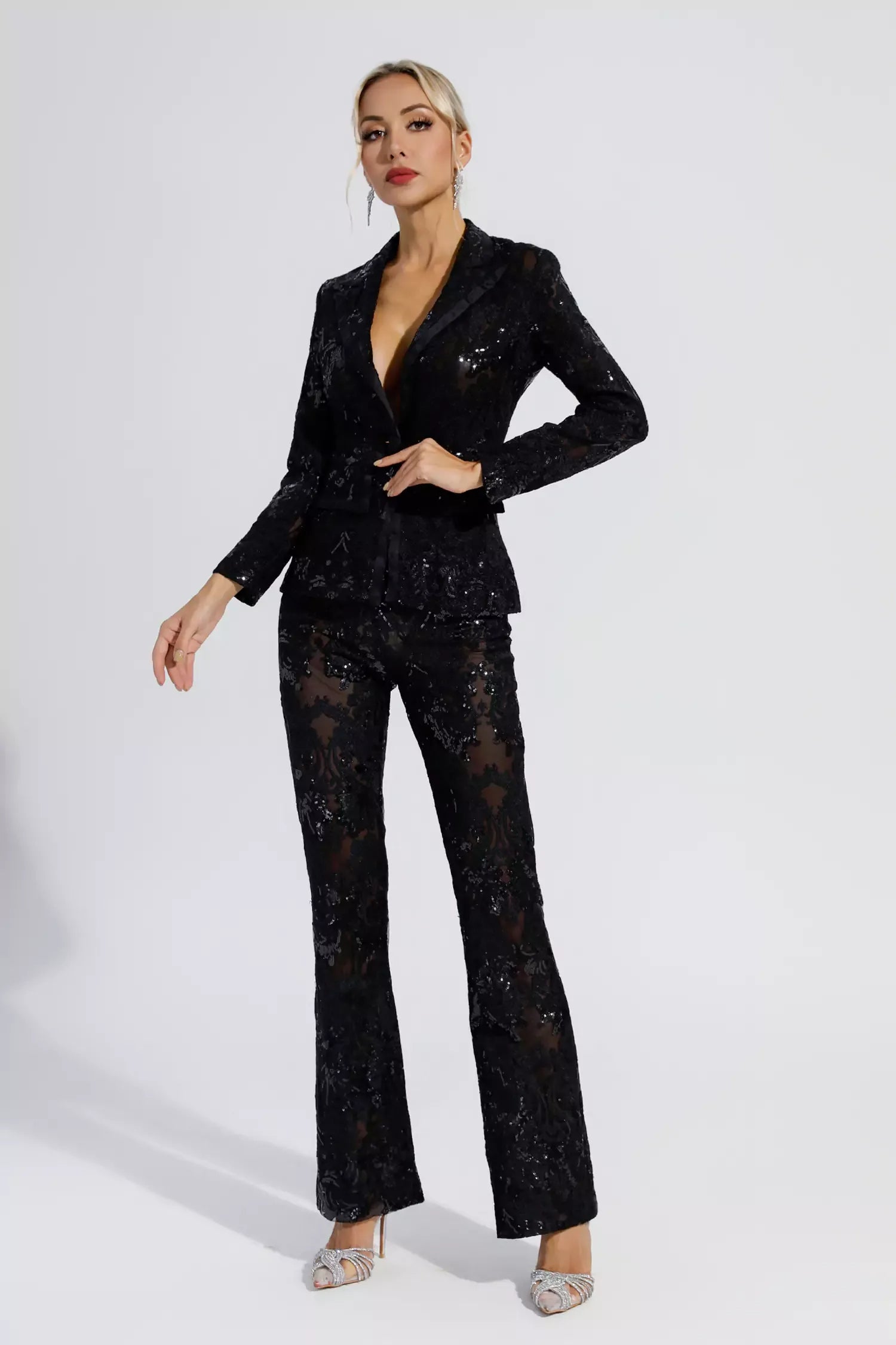 VICKY BLACK CUTOUT SEQUIN BLAZER SET