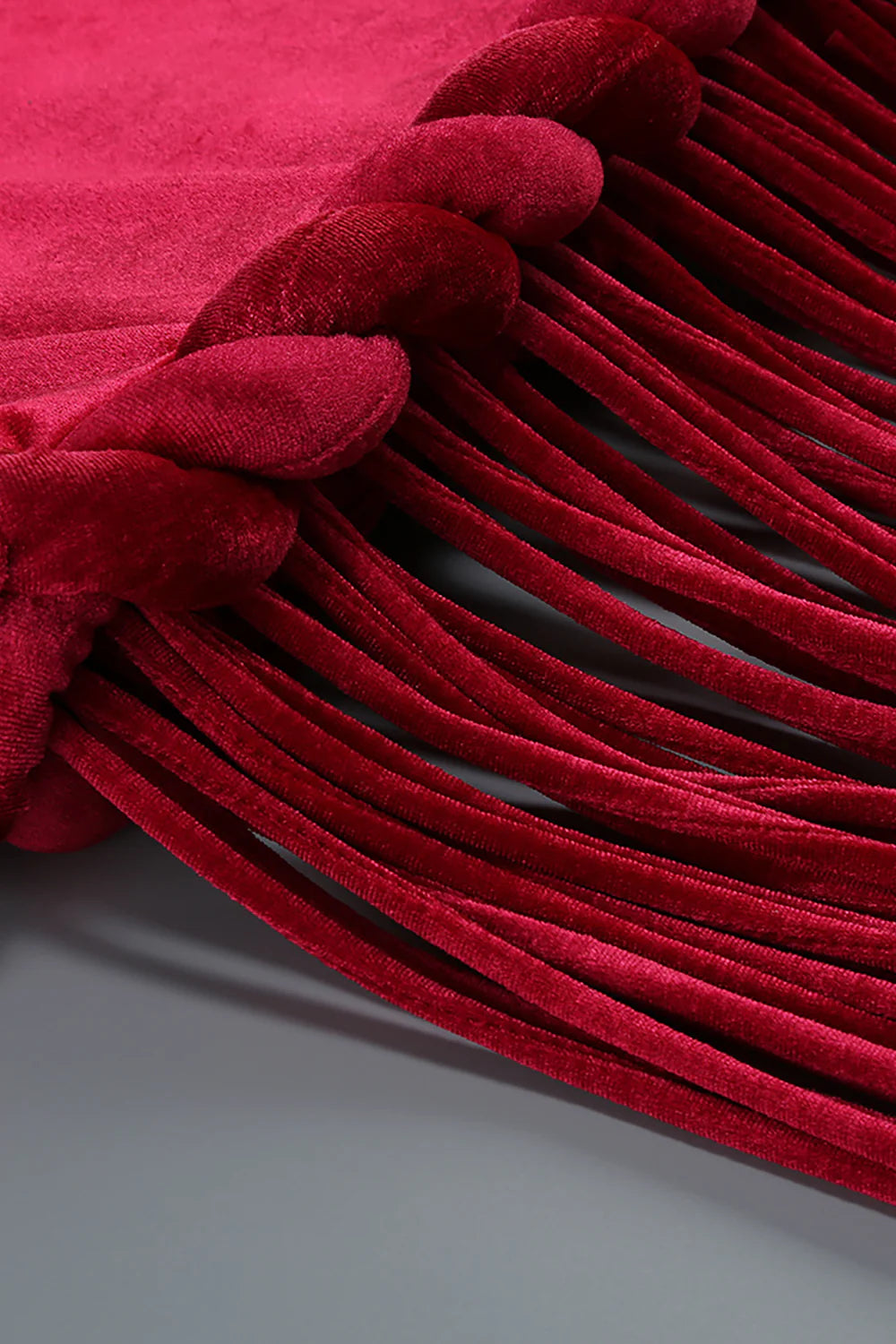 MICHAELIA BURGUNDY VELVET HALTER FRINGE COCKTAIL DRESS