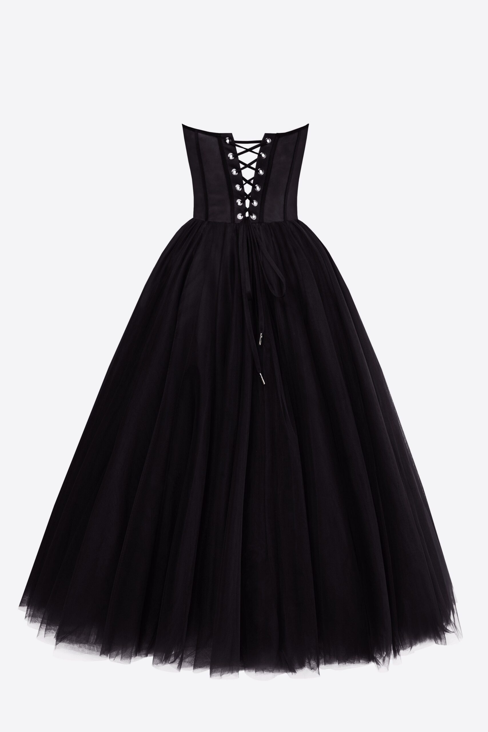 BLACK STRAPLESS PUFFY TULLE MIDI DRESS