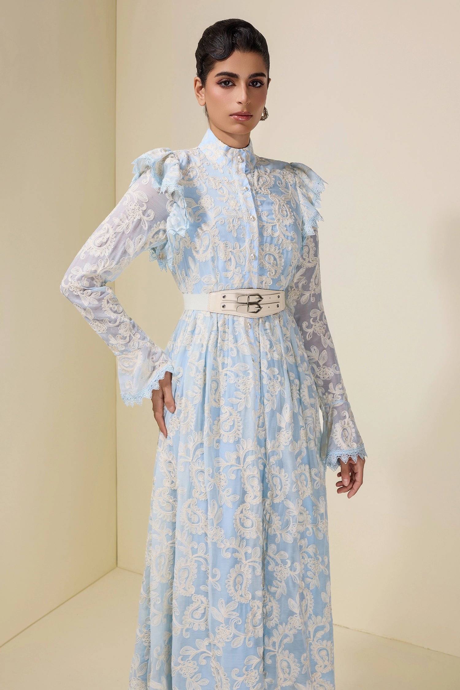 ALMA EMBROIDERED MIDI DRESS WITH BELT - BLUE