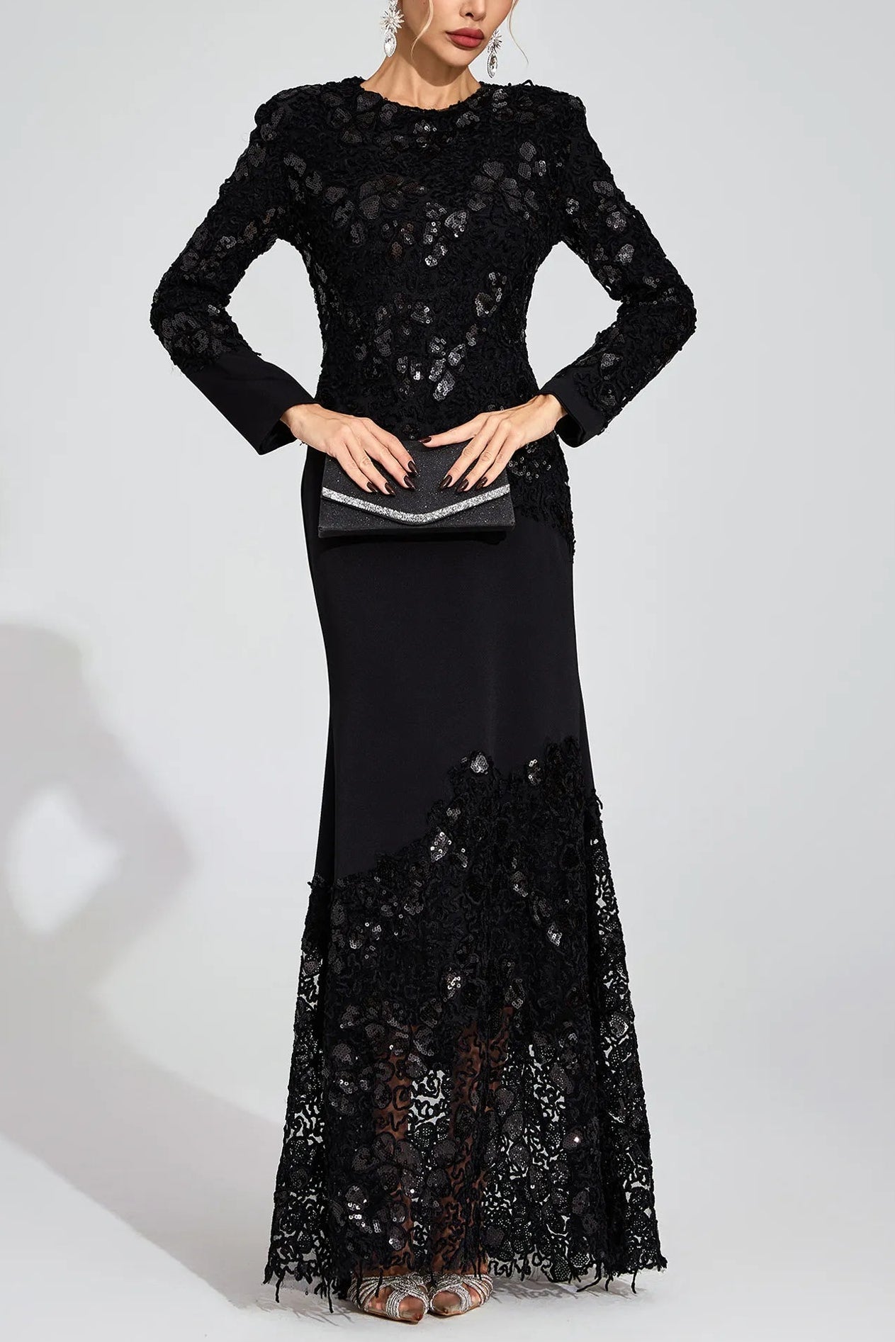 JOANNA BLACK EMBROIDERED MAXI DRESS LONG SLEEVE