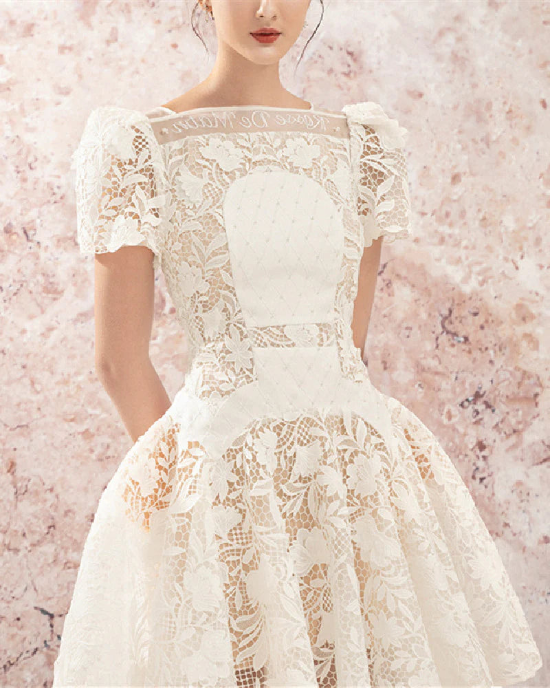 ROSE SLEEVE LACE MINI DRESS FOR WEDDING