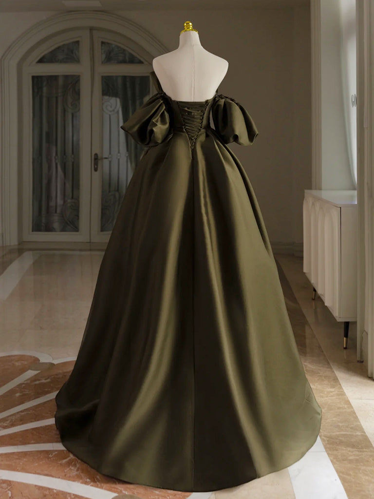 A-LINE PUFF SLEEVE SATIN PROM DRESS, OLIVE GREEN