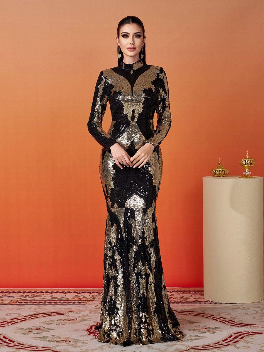 SEQUIN STAND COLLAR PROM DRESS