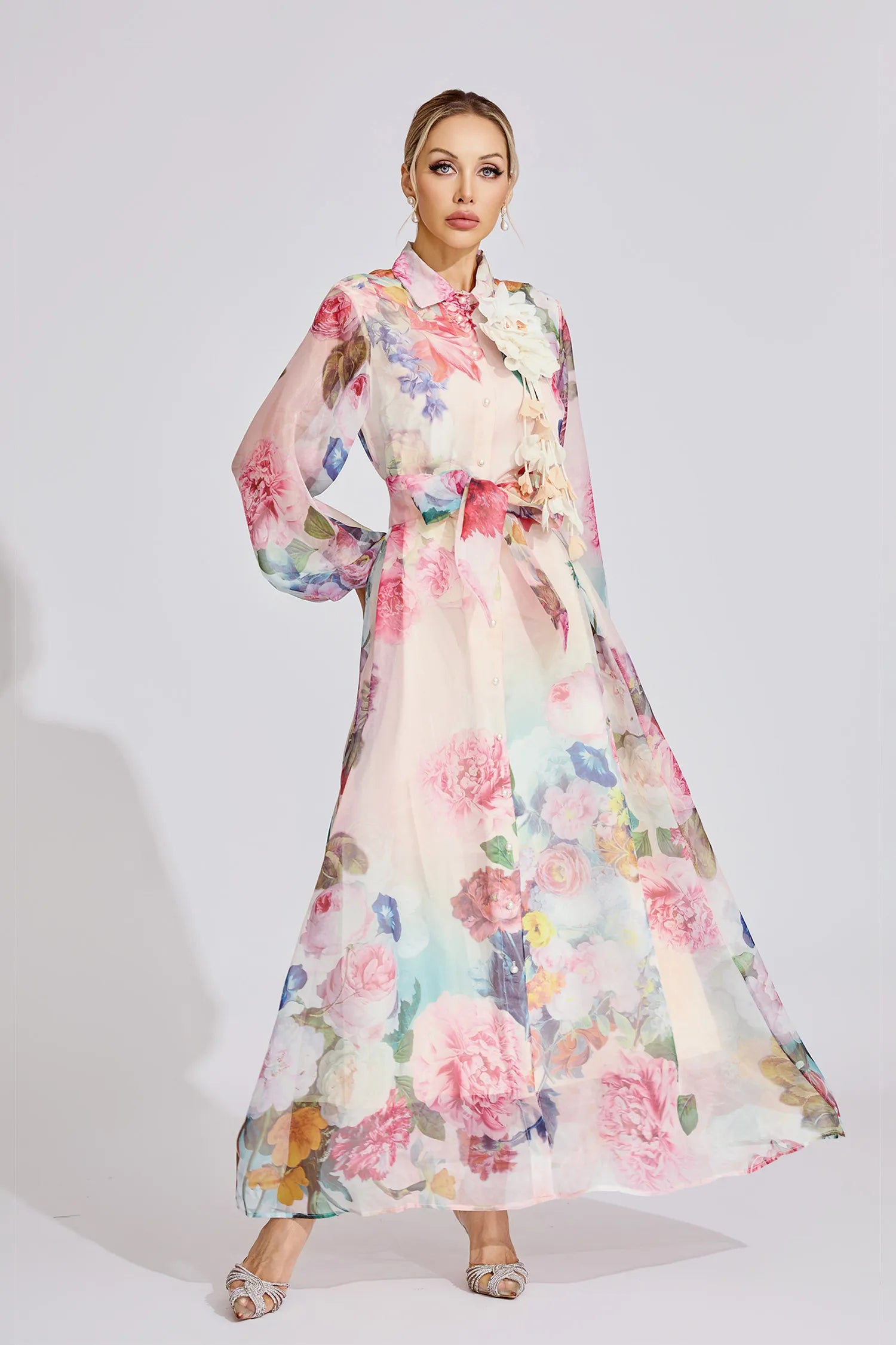 VIVIEN PINK FLORAL LANTERN SLEEVE MAXI DRESS