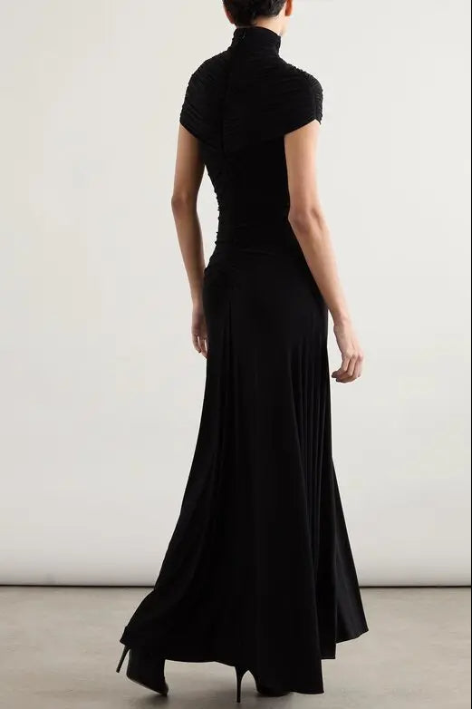 LILLIAN GATHERED HIGH-NECK MAXI DRESS BLACK