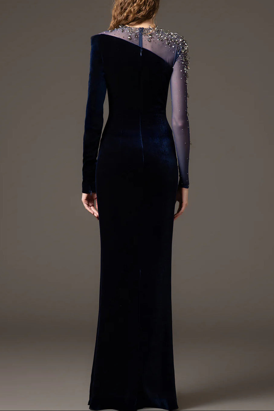 RIVA CRYSTAL VELVET COLUMN MAXI DRESS, DARK BLUE