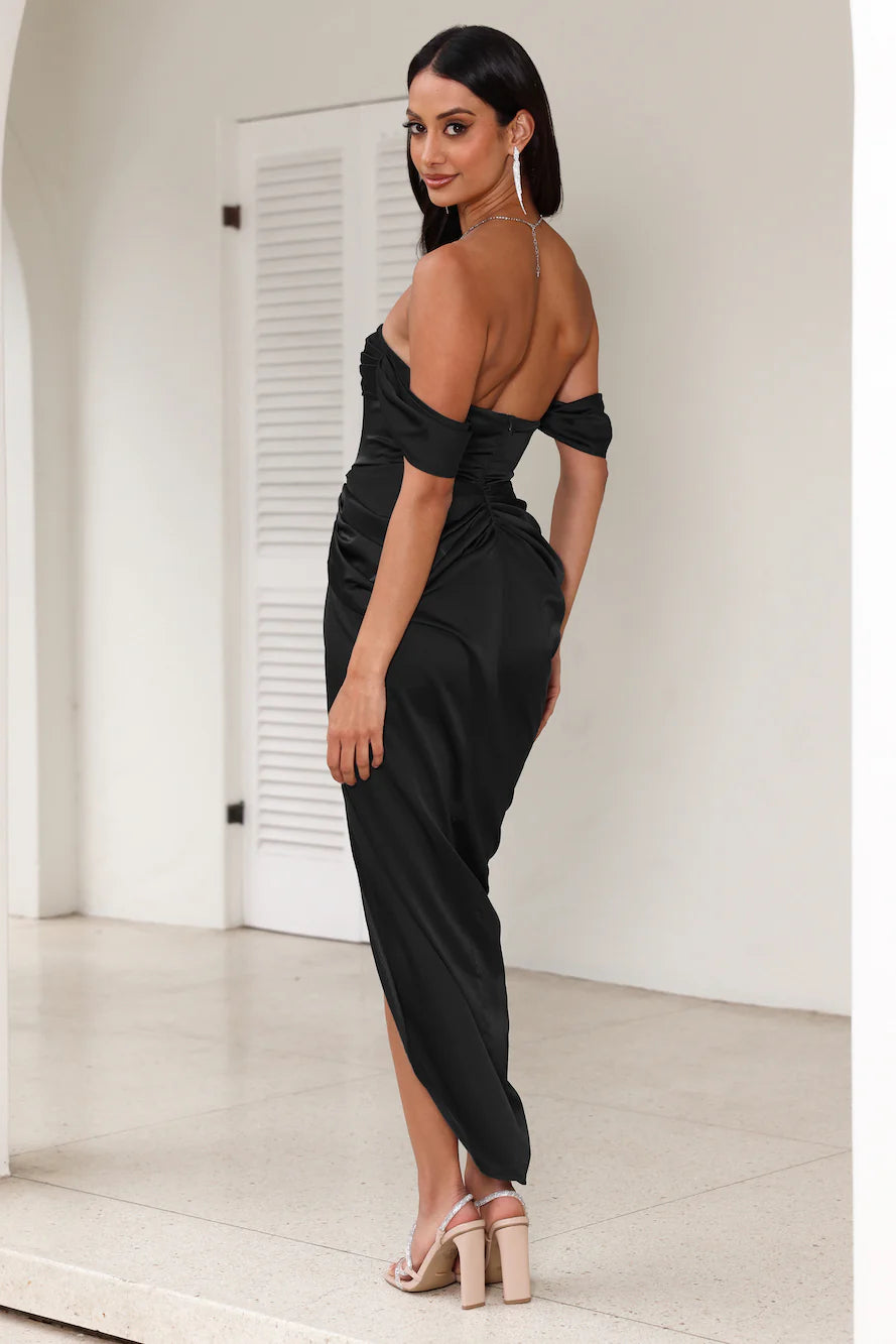 STRAPLESS SATIN MIDI DRESS, BLACK FORMAL