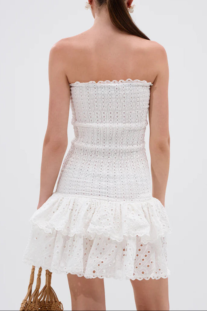 WHITE EYELET STRAPLESS LAYERED MINI DRESS