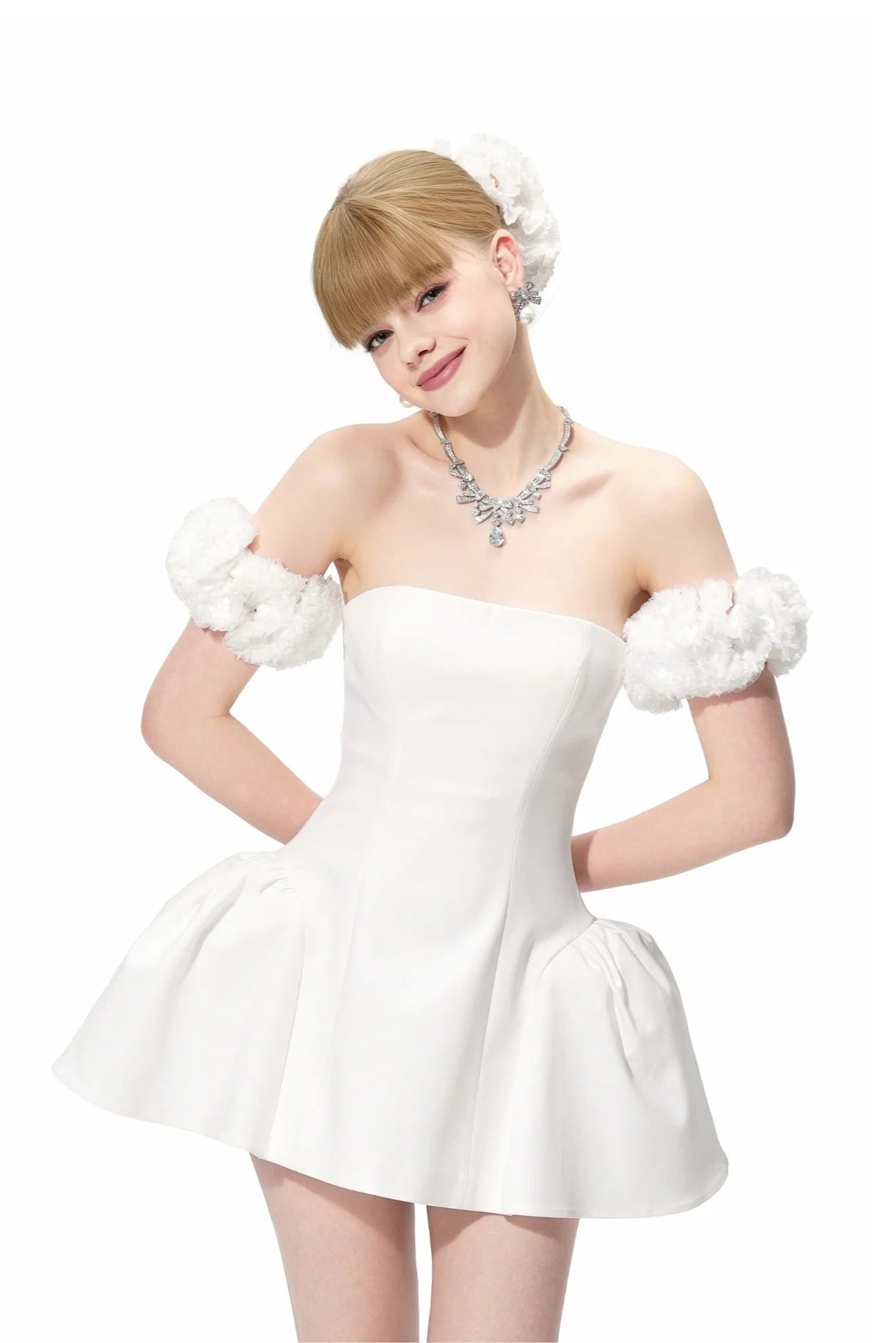 SHERRY FLOWER STRAPLESS PUFFY MINI DRESS WHITE