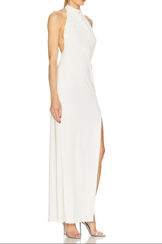 SHARON HALTER BACKLESS MAXI DRESS, WHITE WEDDING SLIT