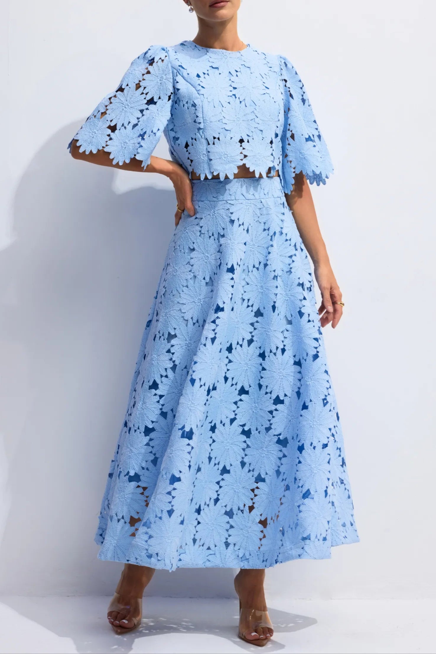 LACE EMBROIDERED BLUE TWO-PIECE SET, MAXI SKIRT, BOHO