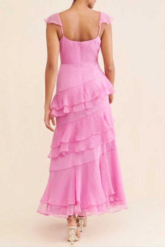 LUCY PINK CHIFFON RUFFLE MIDI DRESS FOR WEDDING GUEST