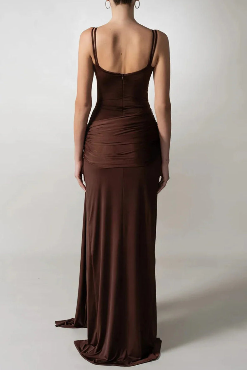 BROWN PLEATED STRAPY DRAPED SLIT MAXI DRESS