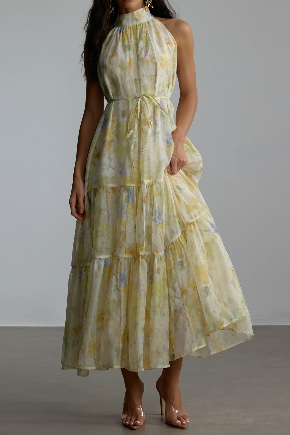 CAROLINE FLORAL PRINT SLEEVELESS MAXI DRESS YELLOW