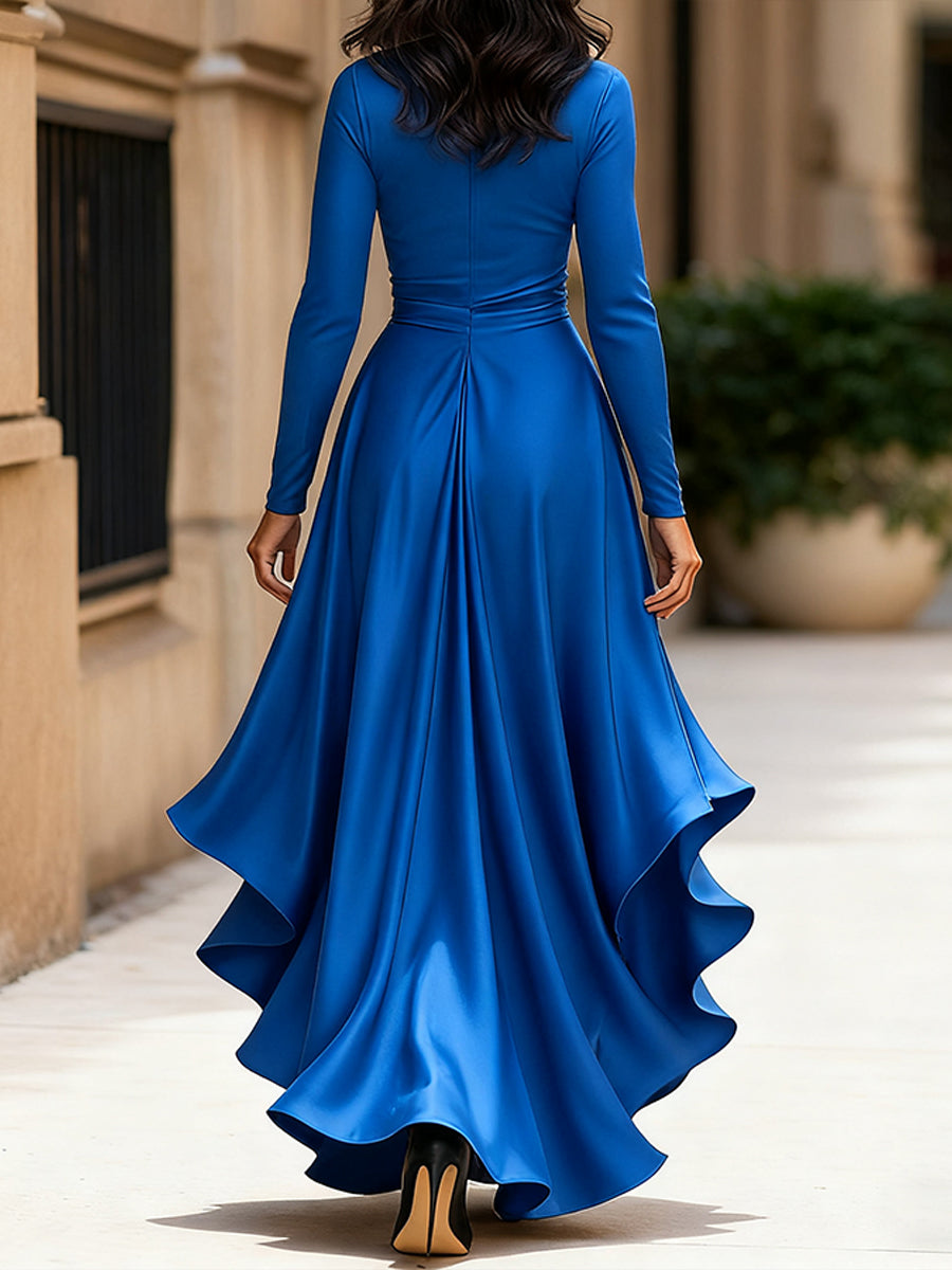MIDNIGHT BLUE DRAPED SATIN MAXI DRESS, RUFFLE EVENING GOWN