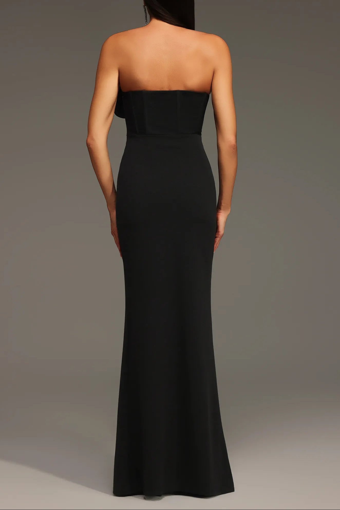 BLACK STRAPLESS BANDAGE MAXI DRESS WITH FLORAL SLIT