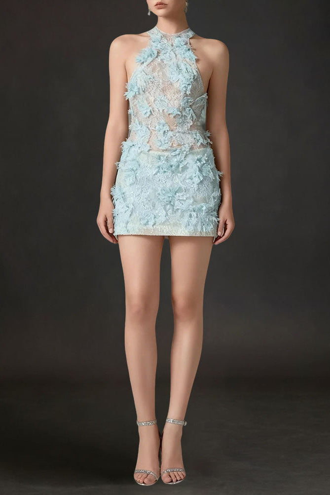511543143433 FLORAL LACE BLUE MINI DRESS FOR COCKTAIL PARTY