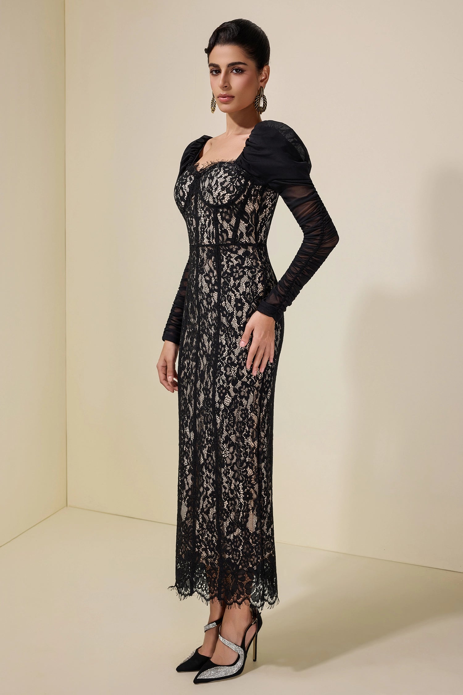WENDY LACE MESH PUFF SLEEVE MIDI DRESS BLACK