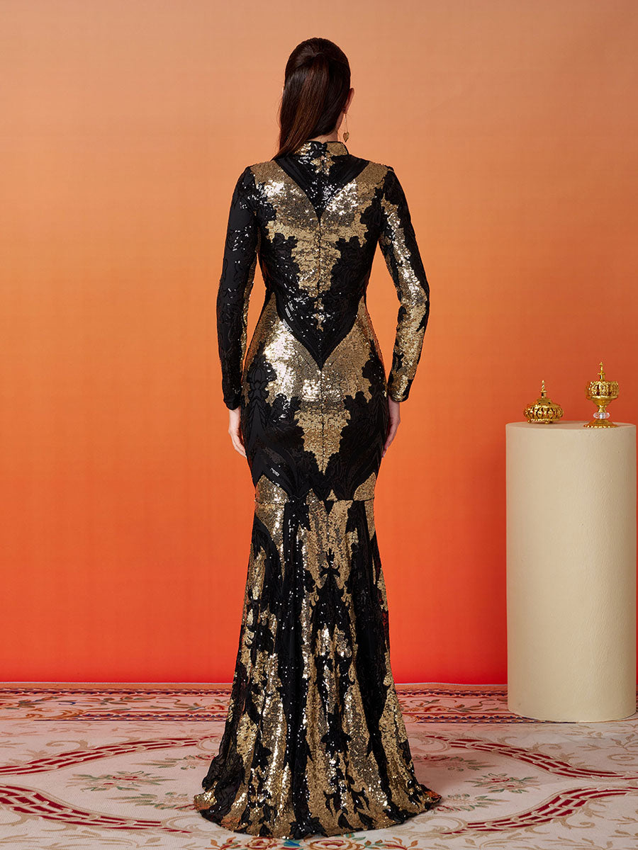 SEQUIN STAND COLLAR PROM DRESS