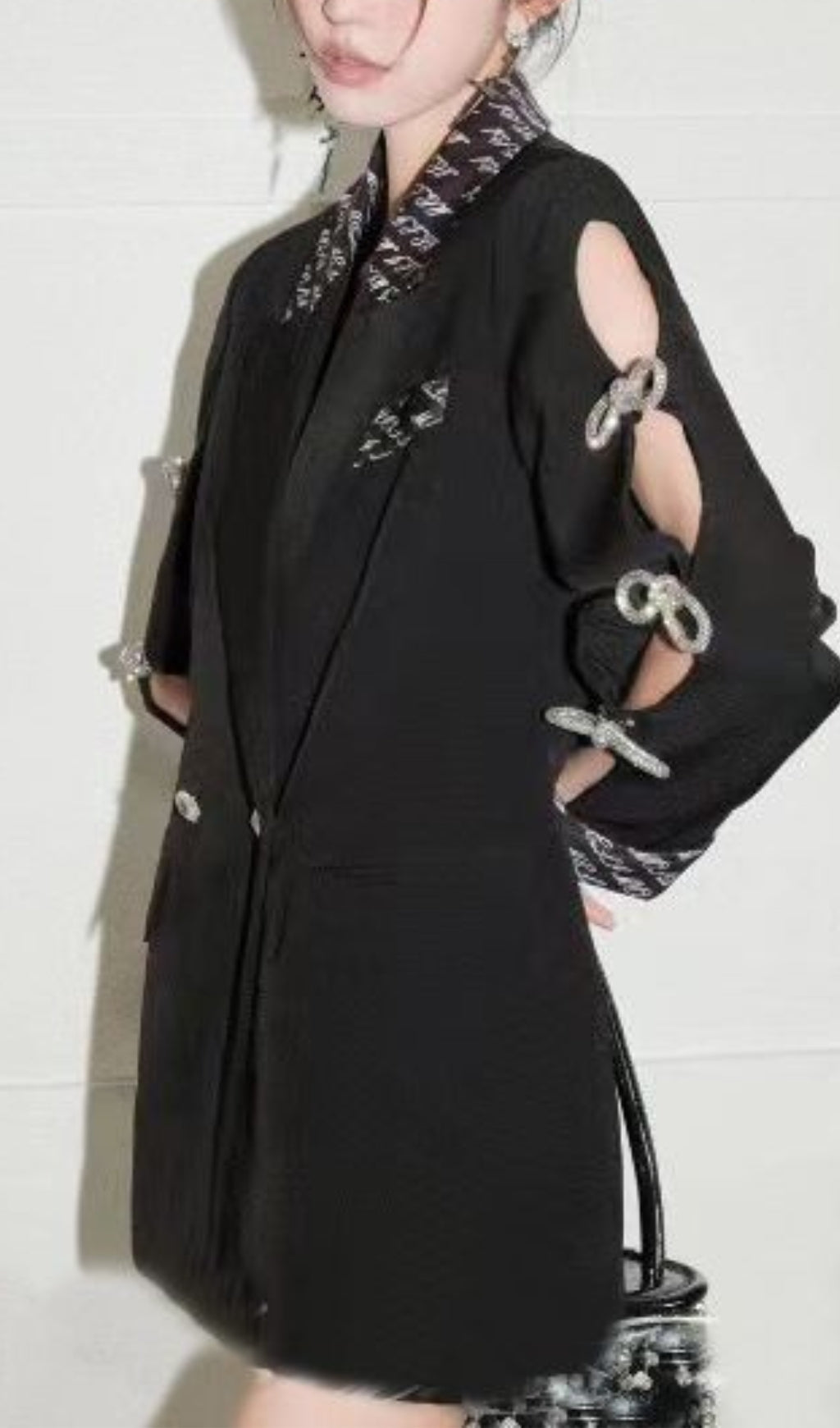 RHINESTONE BOW HOLLOW SLEEVE DOUBLE BREASTED BLAZER