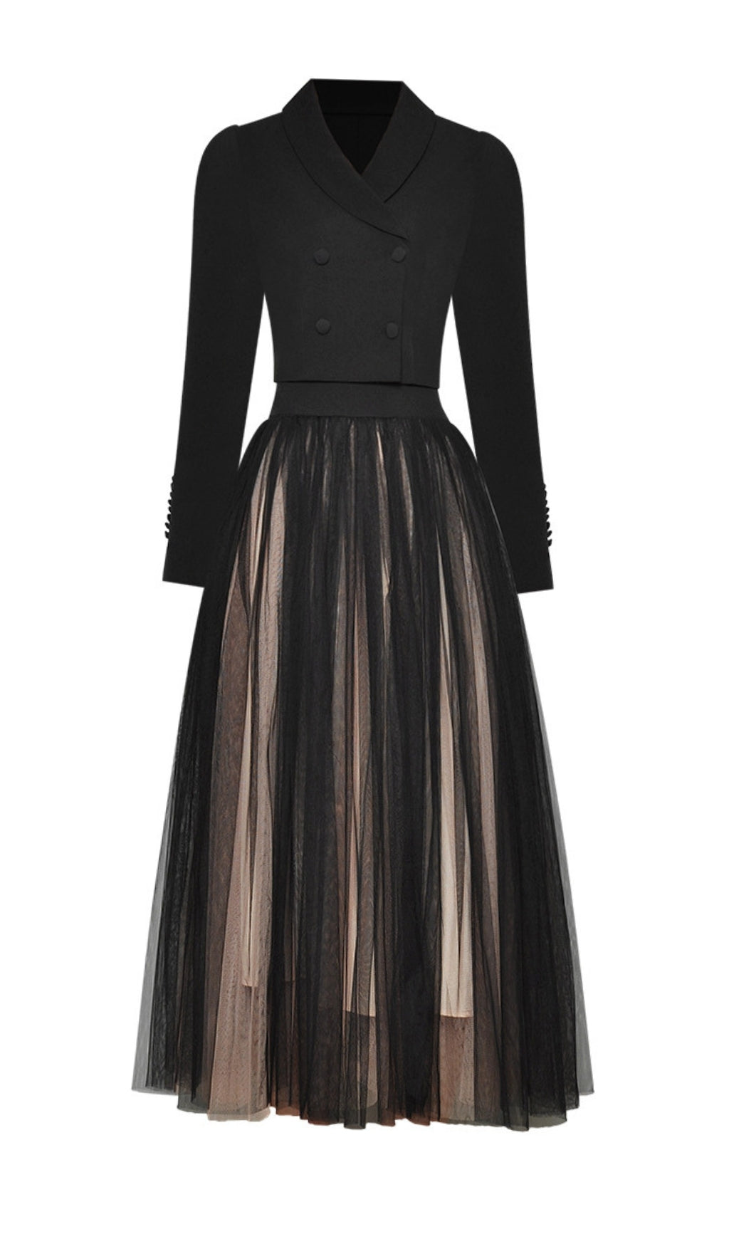 DOUBLE-BREASTED BLAZER & WAISTED MESH DRESS SET
