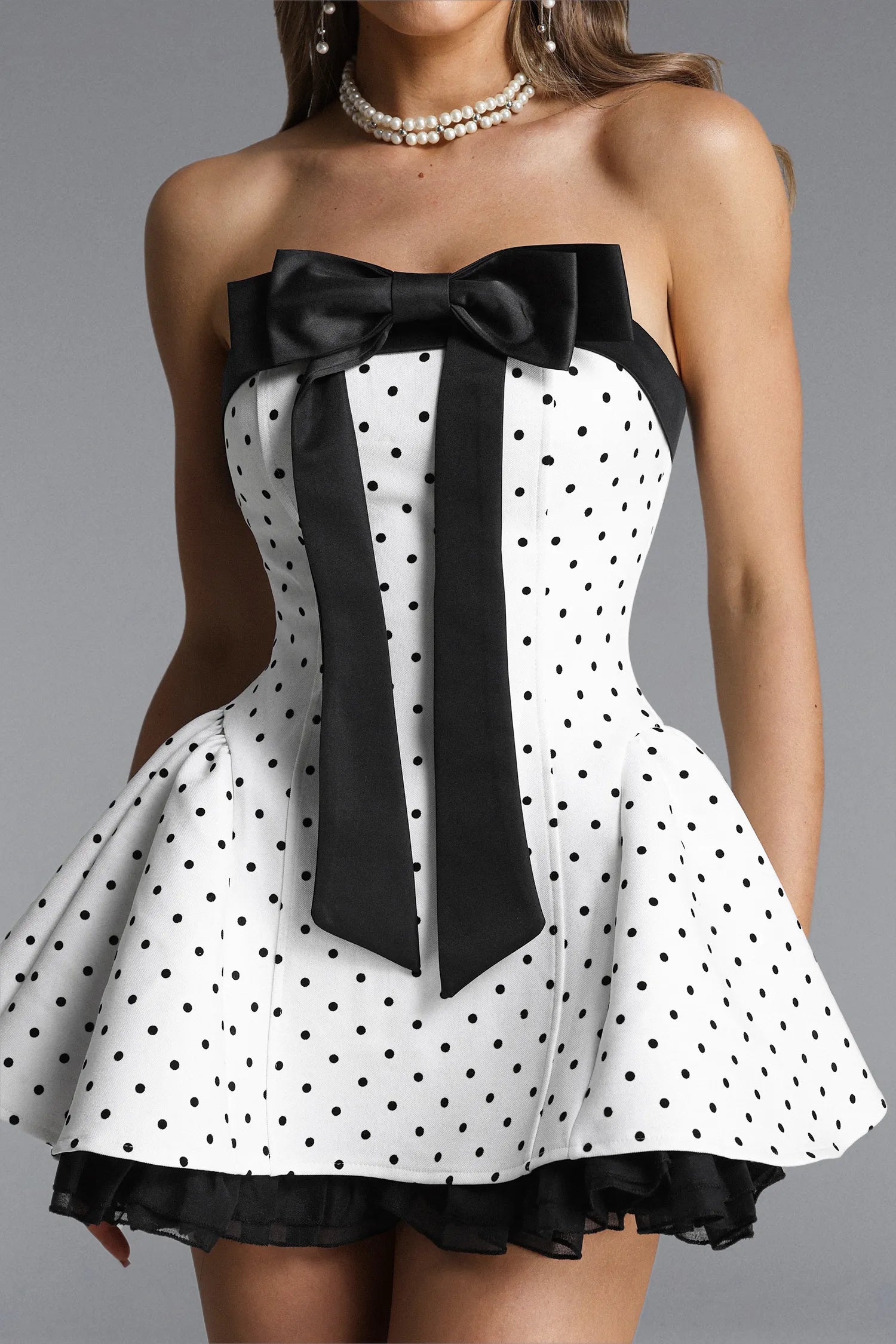 OCTAVIA WHITE POLKA DOT STRAPLESS BOW MINI DRESS