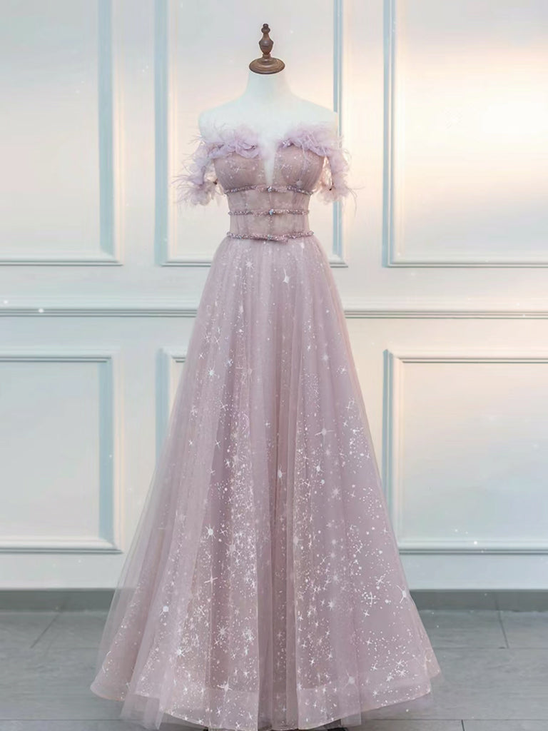 52 EMBELLISHED A-LINE OFF-SHOULDER TULLE LACE PINK DRESS